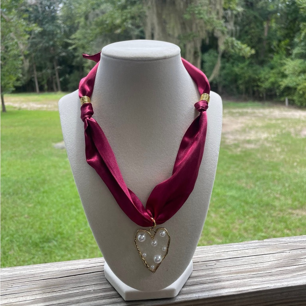 Burgundy Scarf Necklace with Pearl Heart Pendant